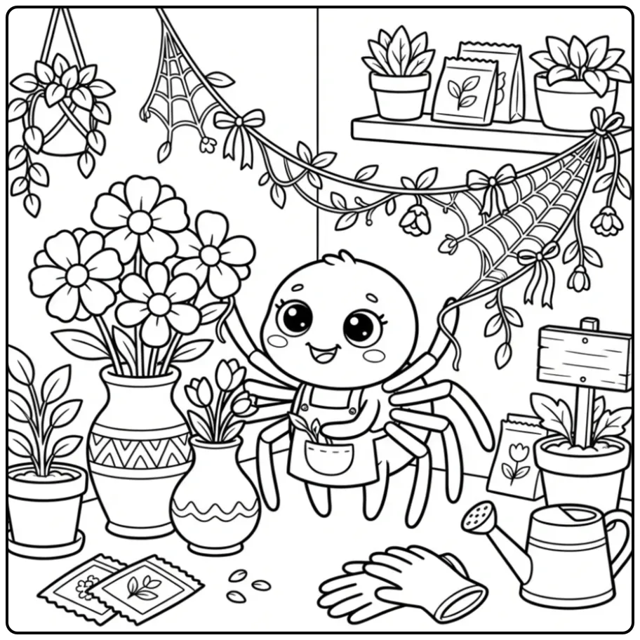 Spider coloring page in a flower shop corner
