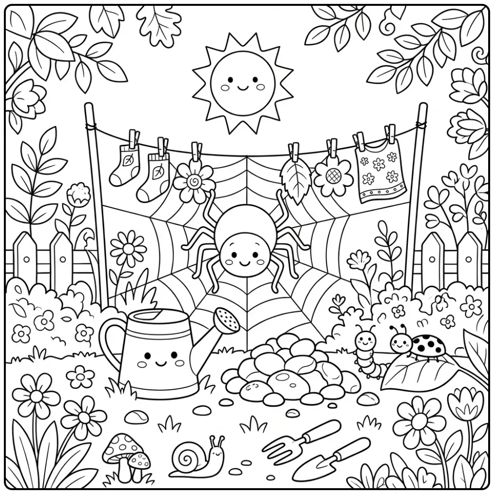 Cartoon spider coloring page hanging laundry in the garden