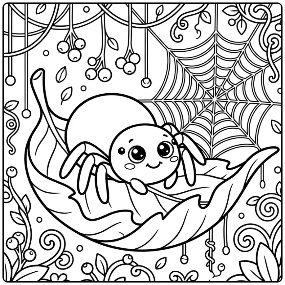 Detailed spider coloring page with berries and leaves