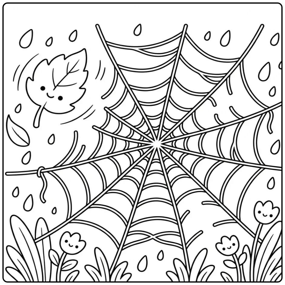 Spider web coloring page of a spider repairing its web