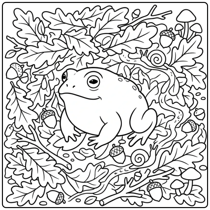 Toad coloring page among oak leaves and acorns