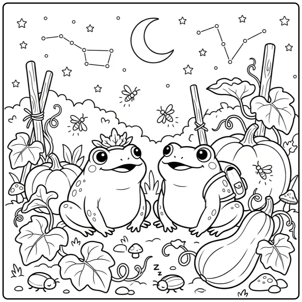 Toad coloring page with fireflies in a vegetable garden