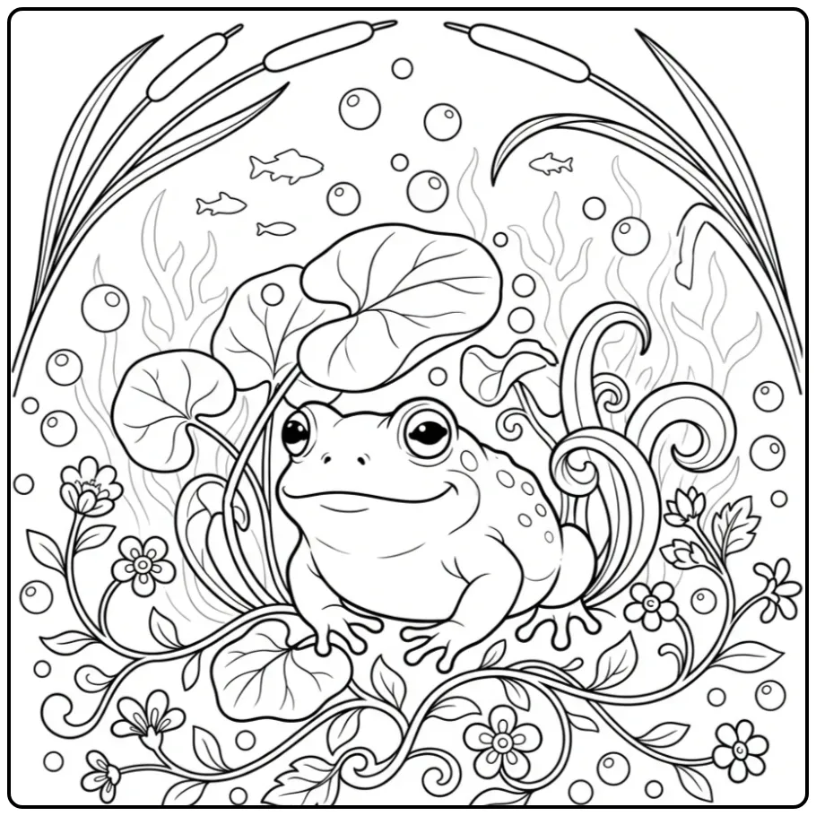 Toad coloring page among pond plants and bubbles