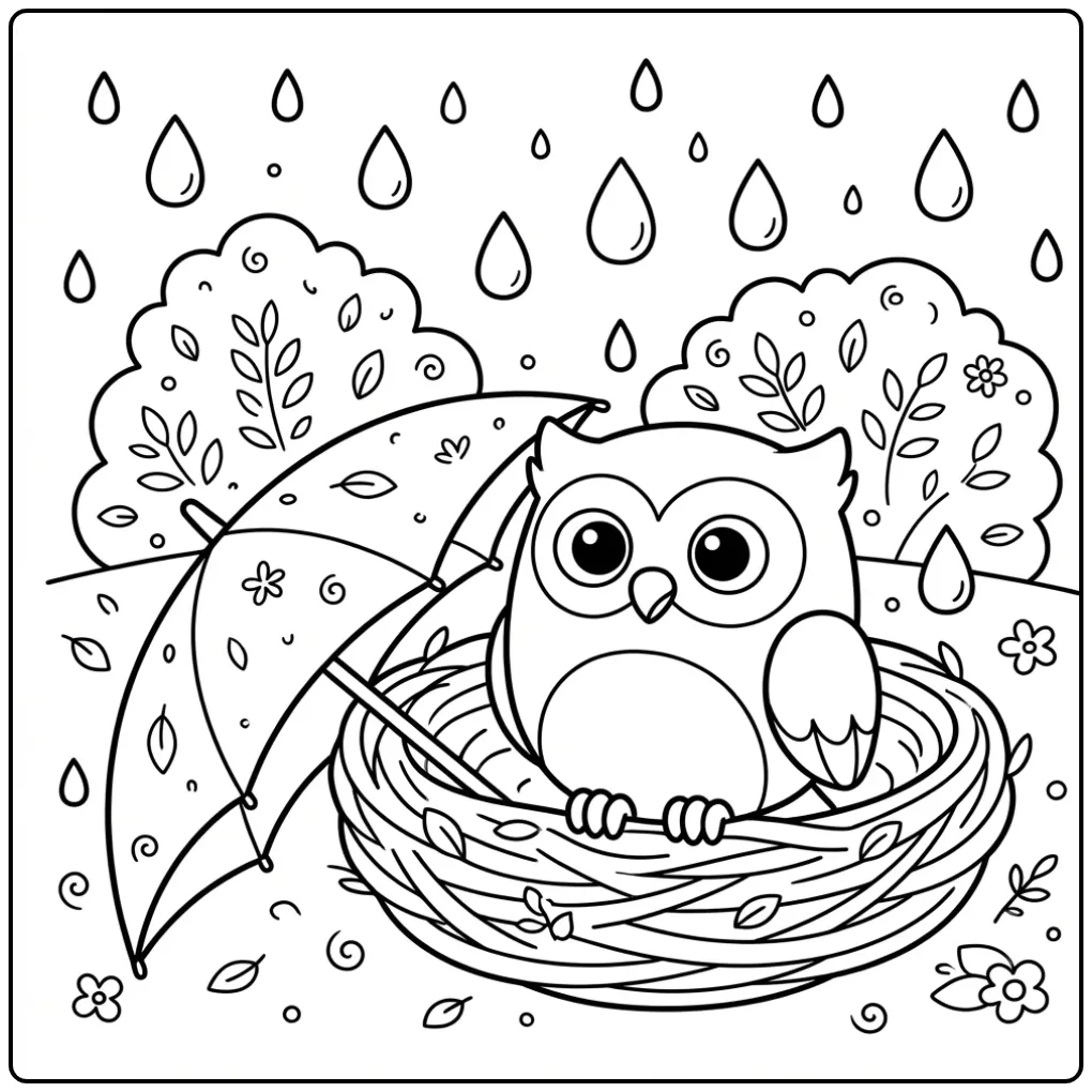 Simple owl coloring page with rain and an umbrella