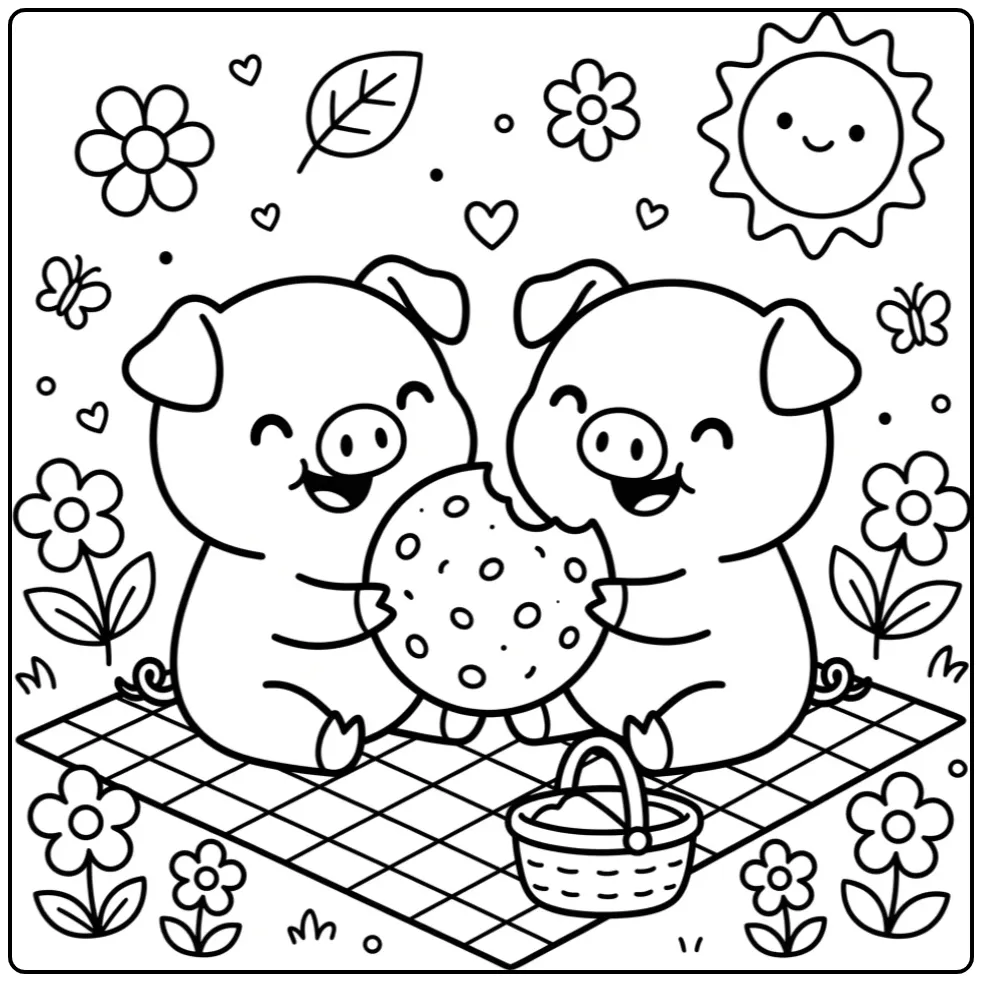 Toddler pig coloring page with two piglets sharing a cookie