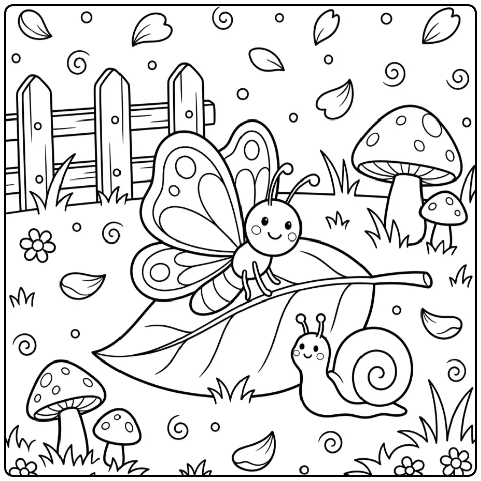 Simple butterfly coloring page with a small snail