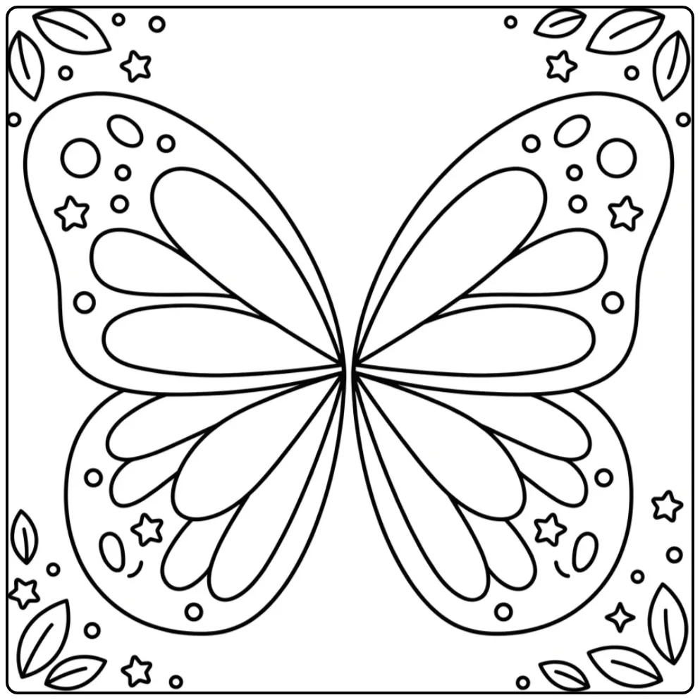 Butterfly wings coloring page with stars and leaves