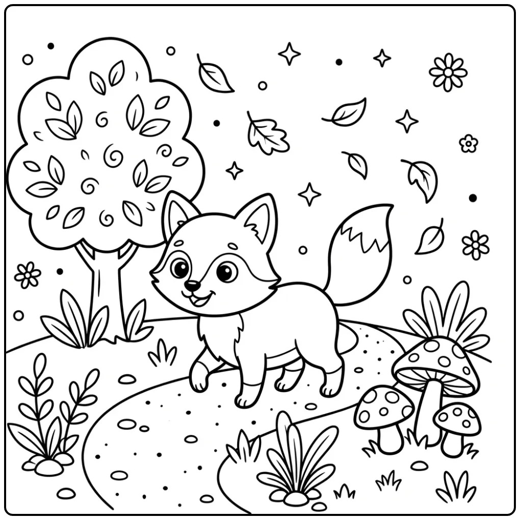 Easy fox coloring page with a tree and mushrooms