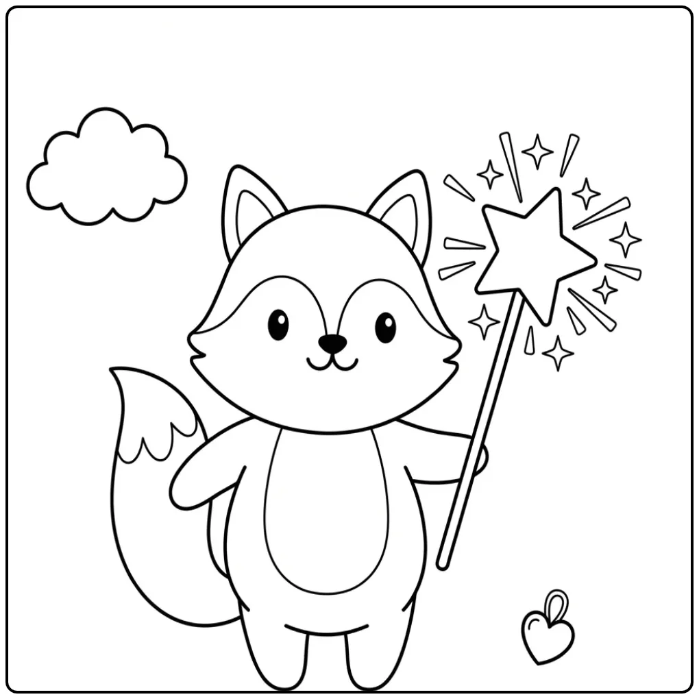 Easy fox coloring page with a magic wand