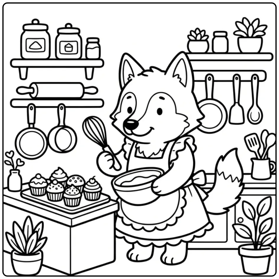 Cute wolf coloring page showing a wolf baking