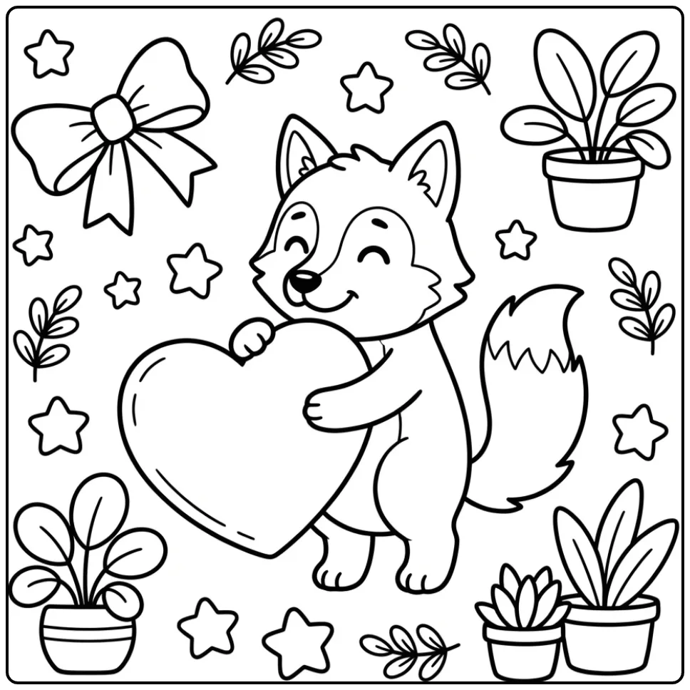 Cute wolf coloring page featuring a wolf with a heart pillow