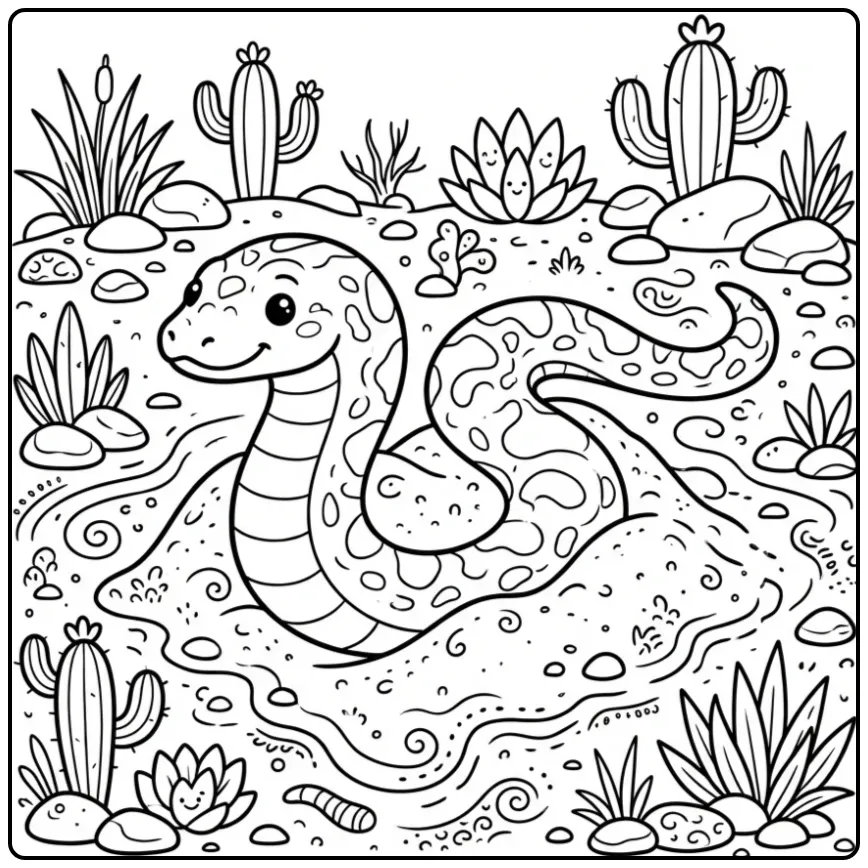 Snake coloring page featuring a sand boa in the desert