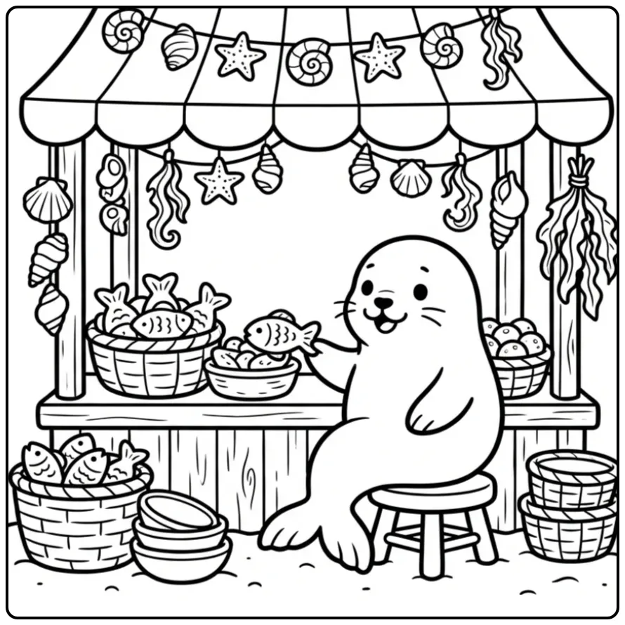 Seal coloring page showing a seal at the fish market