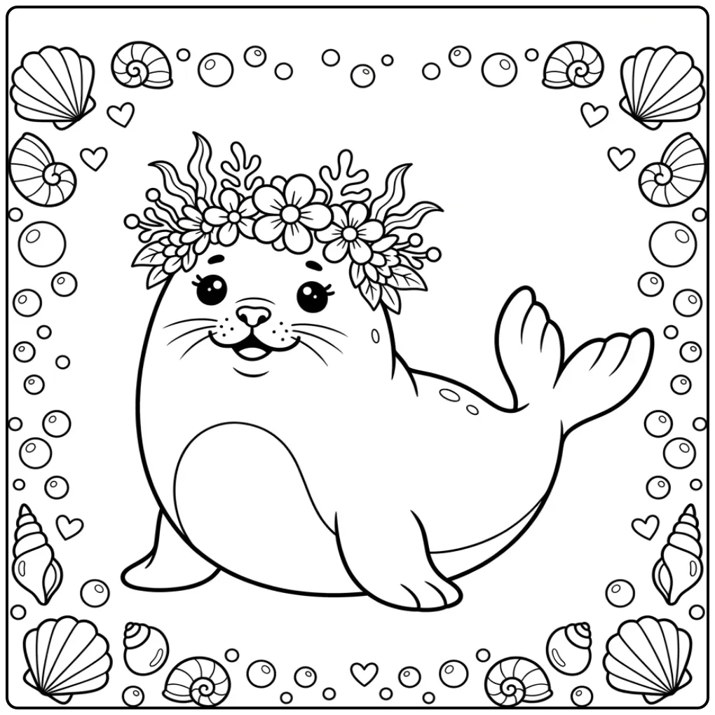 Seal coloring page featuring a seal with a flower crown
