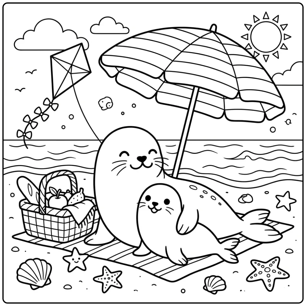 Seal coloring page featuring a mother seal and pup