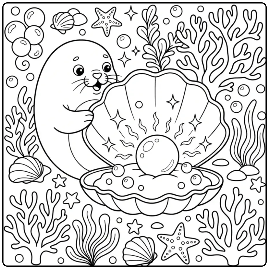 Seal coloring page featuring a seal and a pearl