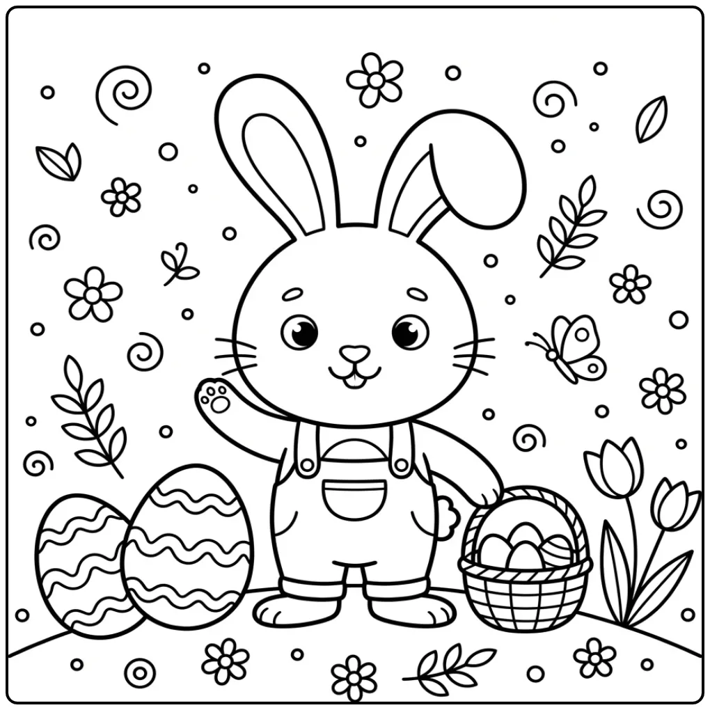 Toddler Easter Bunny coloring page with eggs and tulips