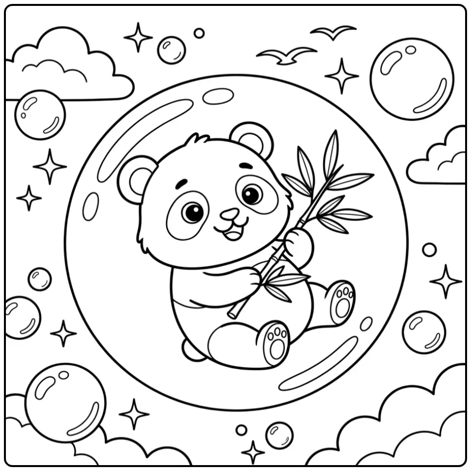 Dreamy baby panda coloring page floating in a big bubble