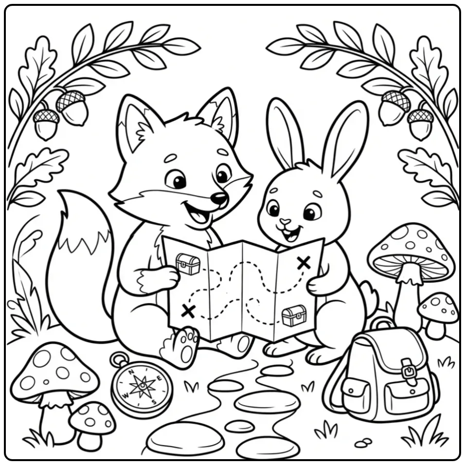 Fox and rabbit coloring page with a treasure map and compass