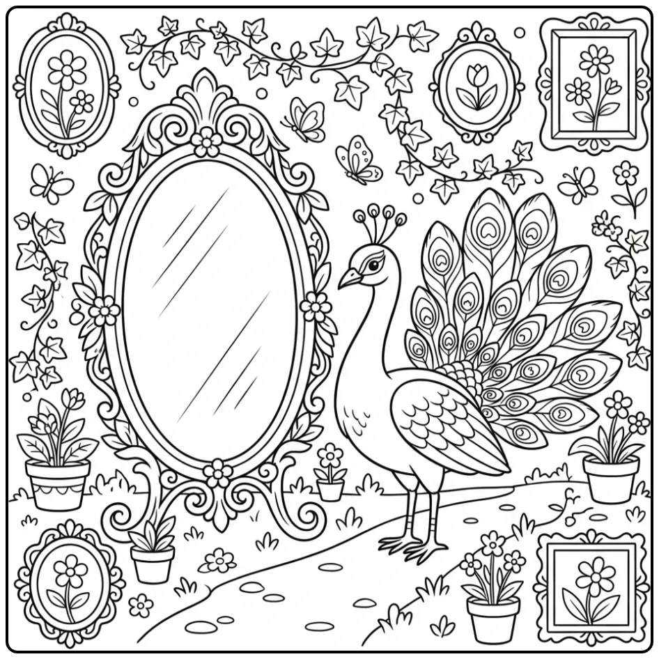 Peacock coloring page by a garden mirror