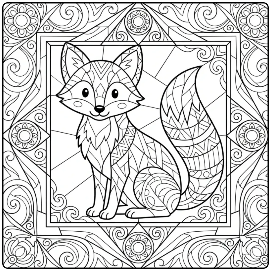 Difficult fox coloring page in mosaic style