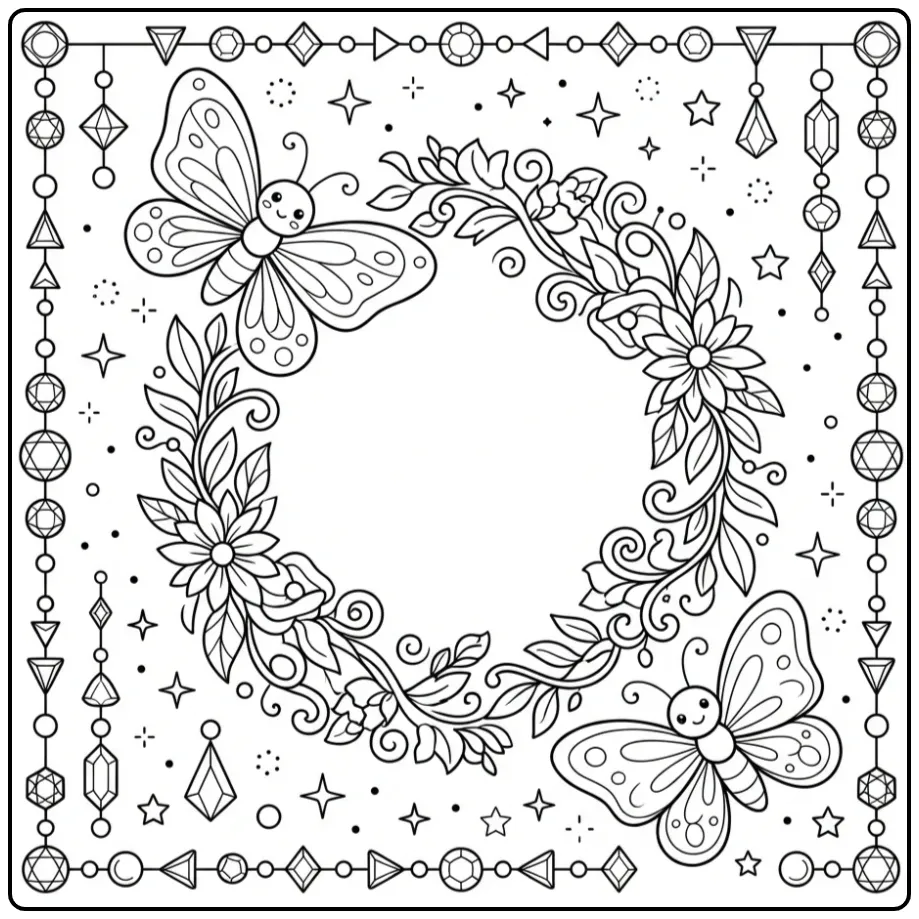 Adult butterfly coloring page with a floral wreath and beads