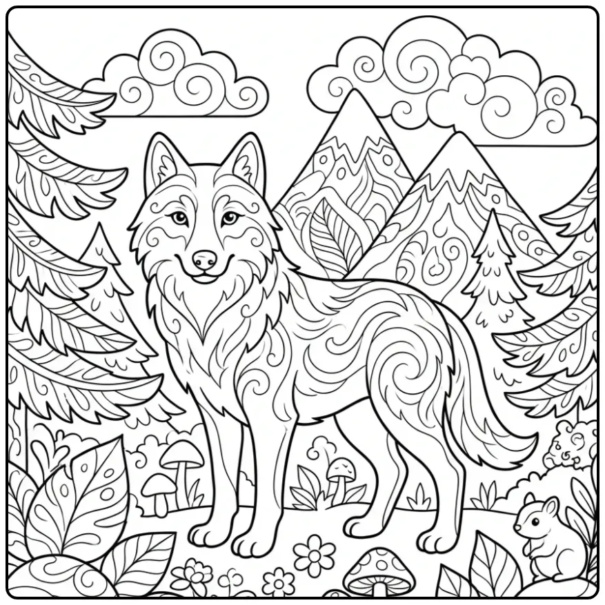 Adult wolf coloring page showing a detailed forest wolf