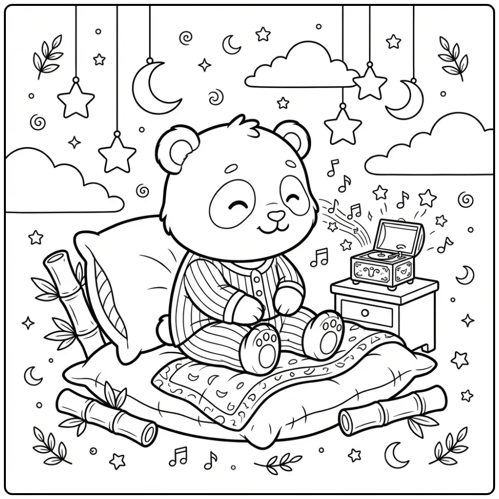 Baby panda coloring page with pajamas and a music box
