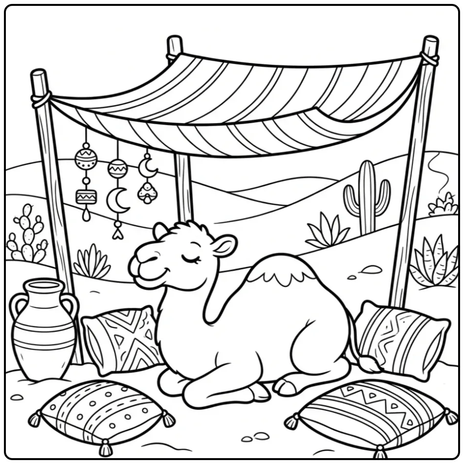 Camel coloring page sleeping under a striped canopy
