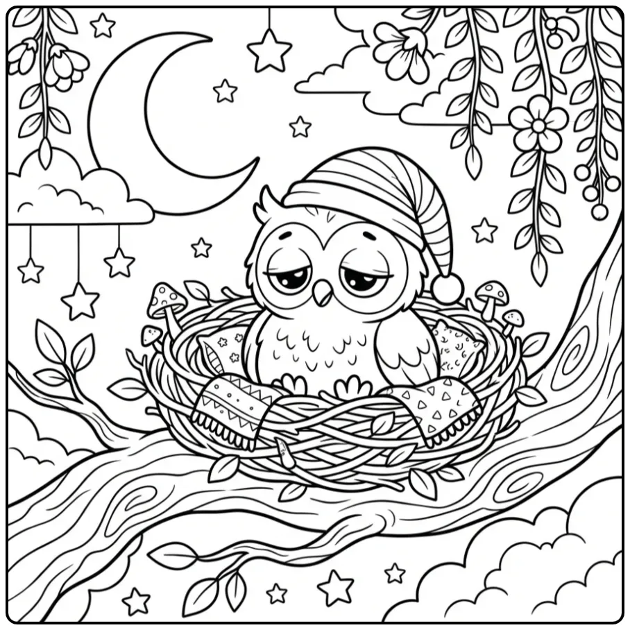 Owl coloring page with a sleeping cap in a nest