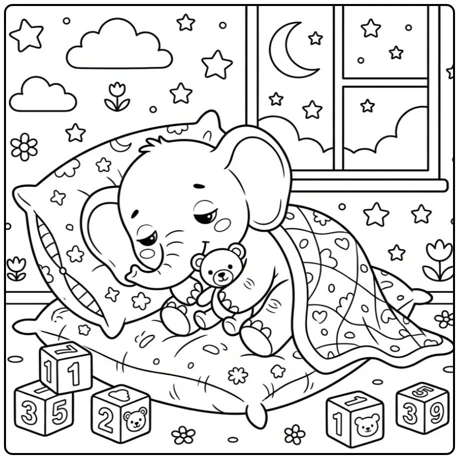 Baby elephant coloring page sleeping with a teddy bear