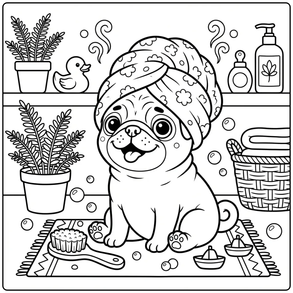 Pug Spa Day with Rubber Ducks coloring page