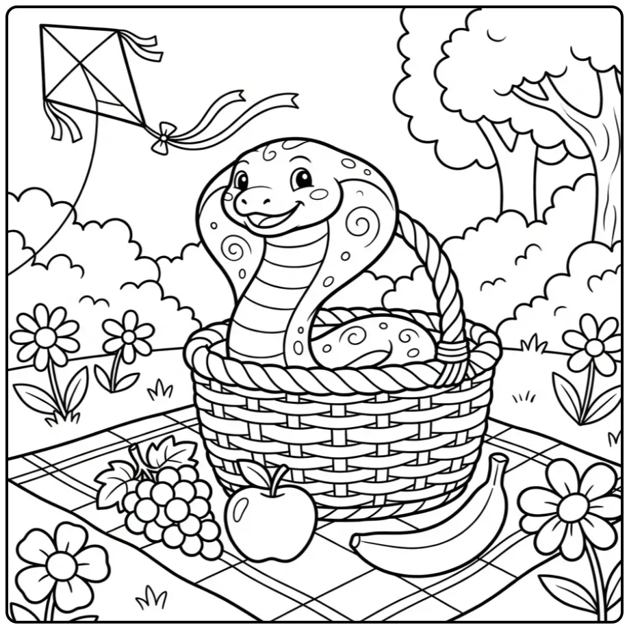 Cobra coloring page in a basket during a picnic