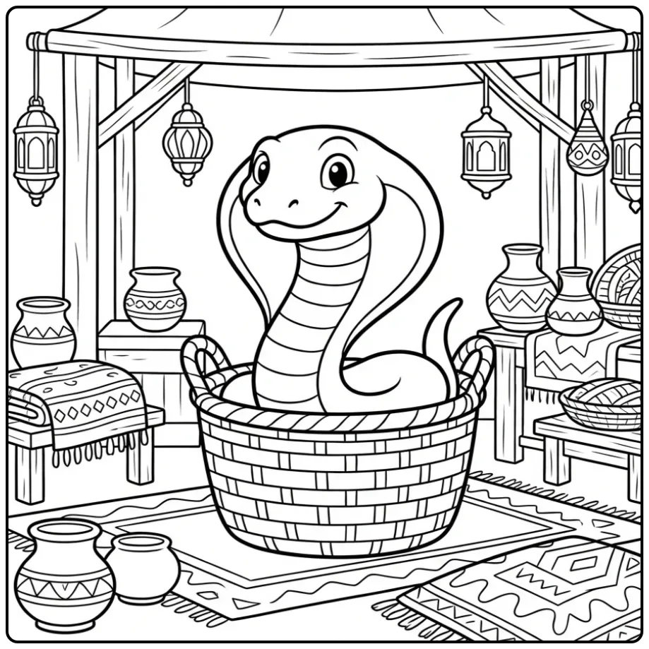 Cobra coloring page showing a cobra in a basket at the market