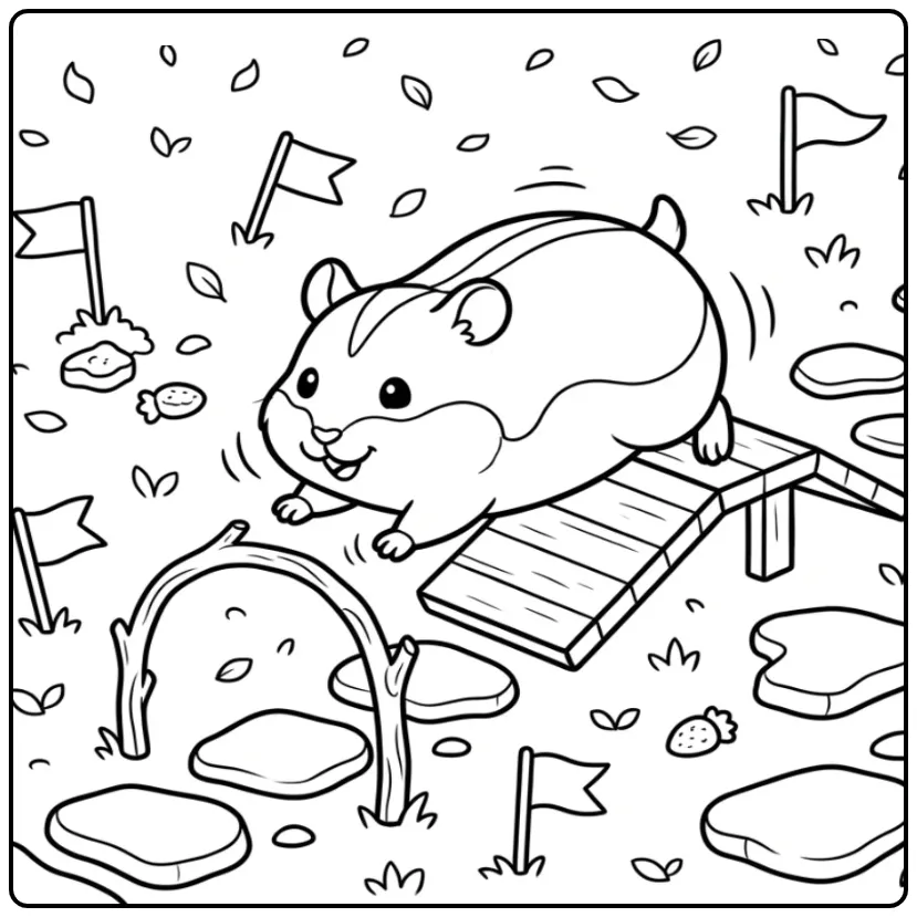 Dwarf Hamster coloring page on a mini obstacle course