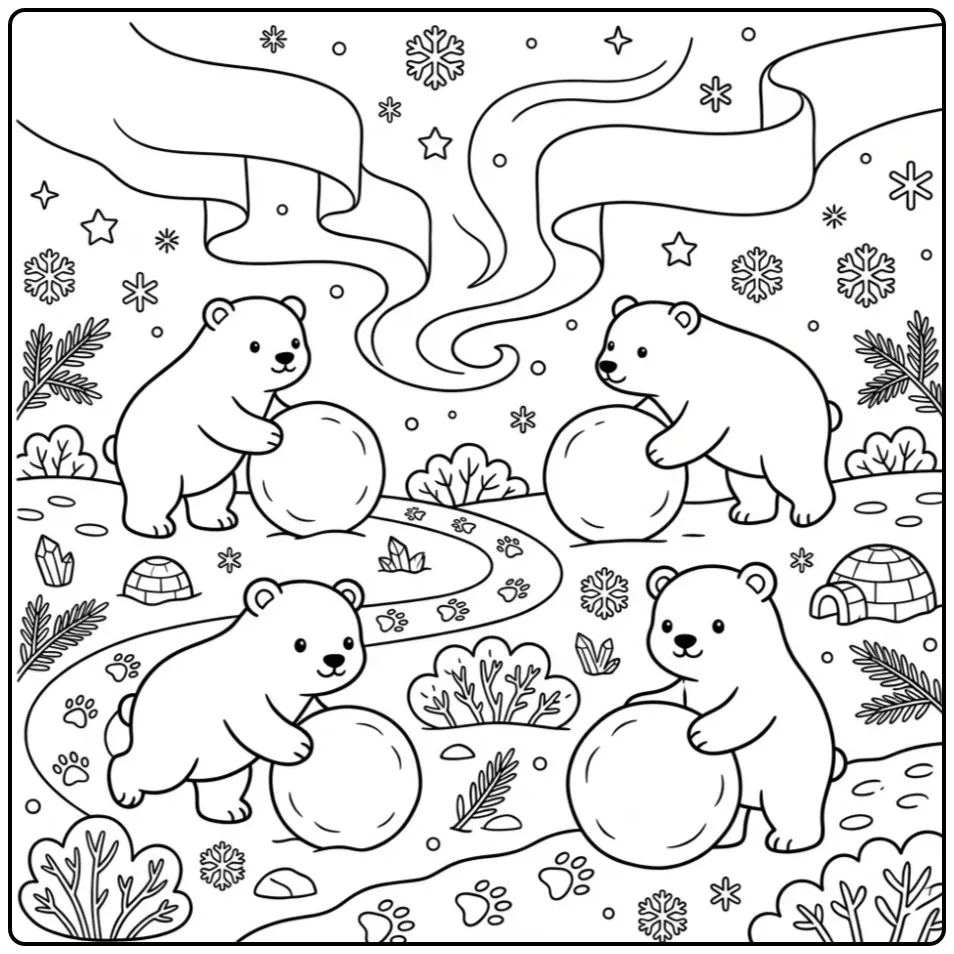 Polar bears coloring page rolling snowballs