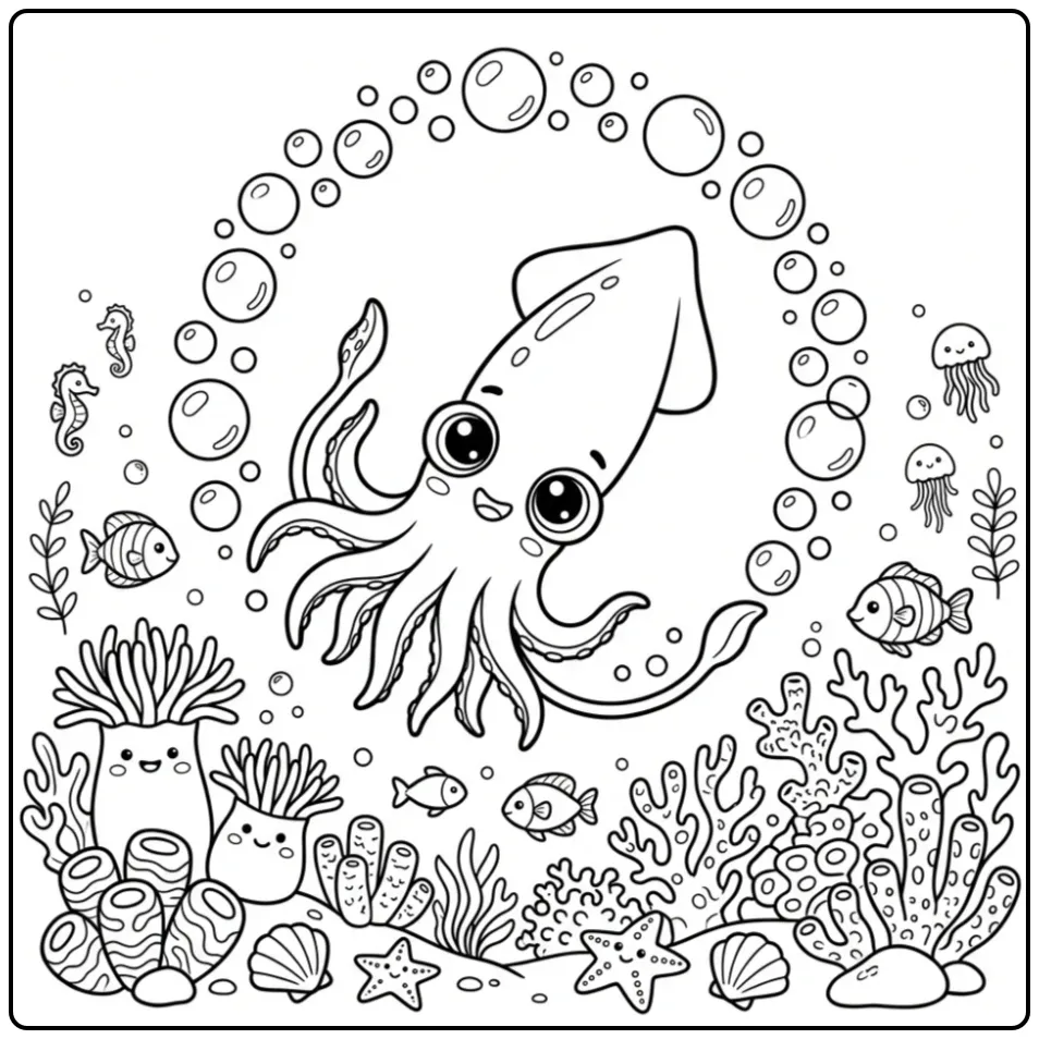 Squid coloring page swimming by coral