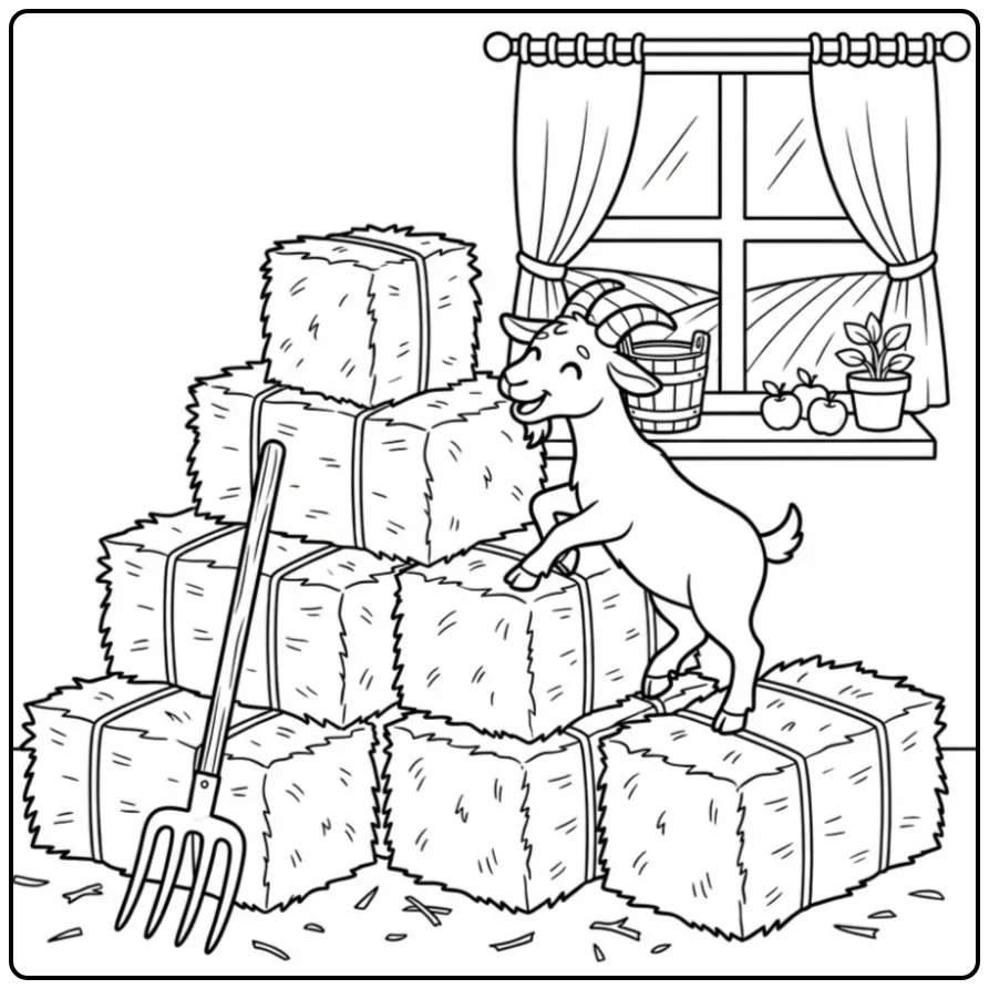 Happy goat coloring page climbing stacked hay bales