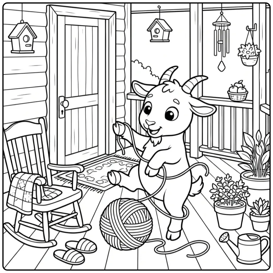 Happy goat coloring page playing with yarn on a porch