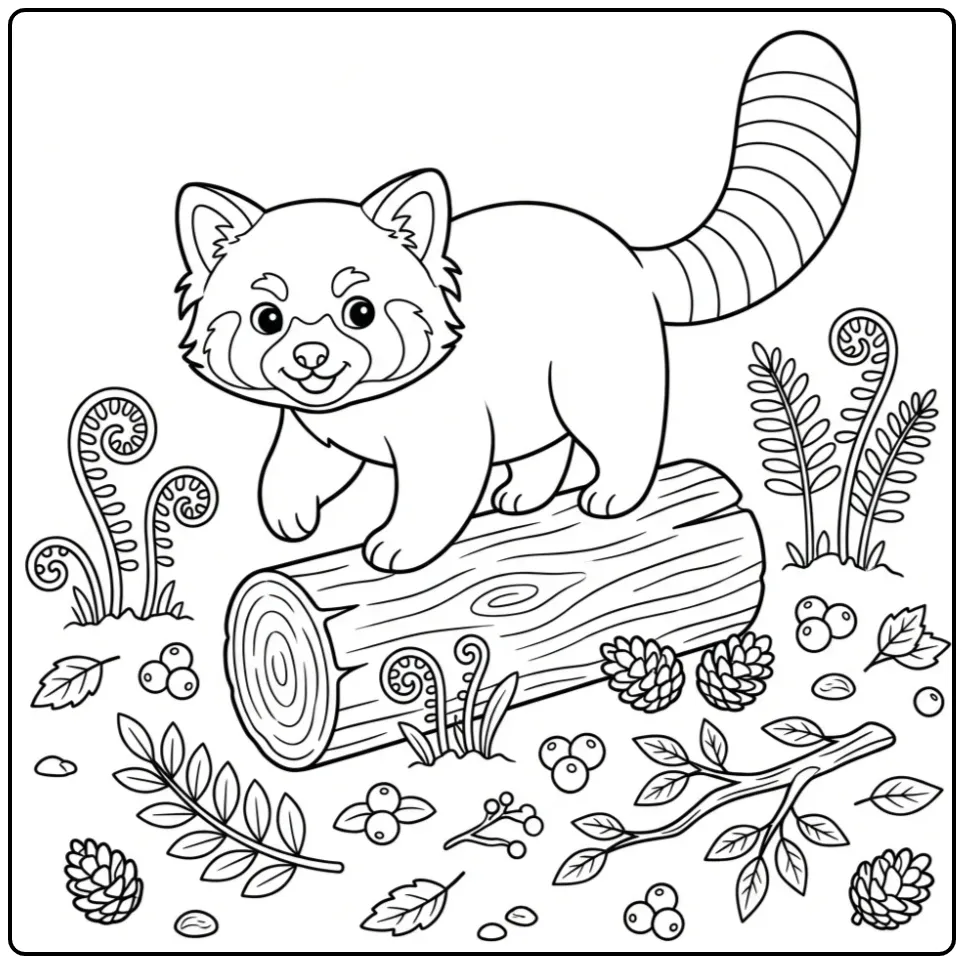Red panda coloring page balancing on a tree trunk