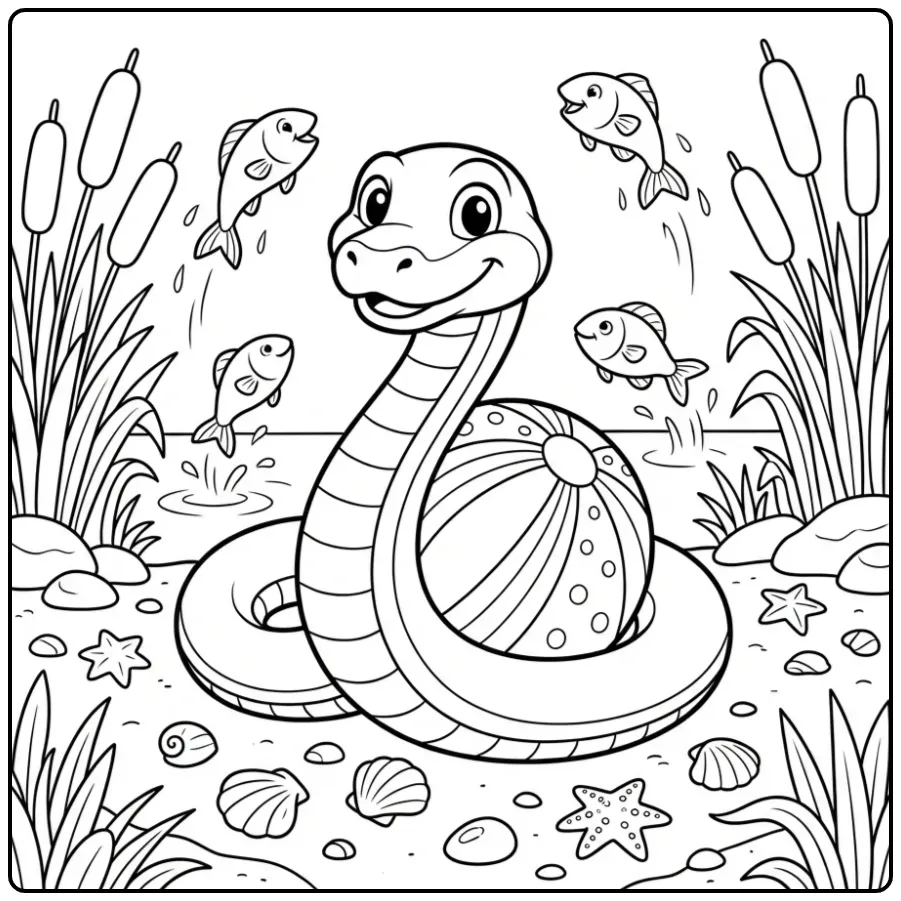 Snake coloring page featuring a playful snake by the river with fish