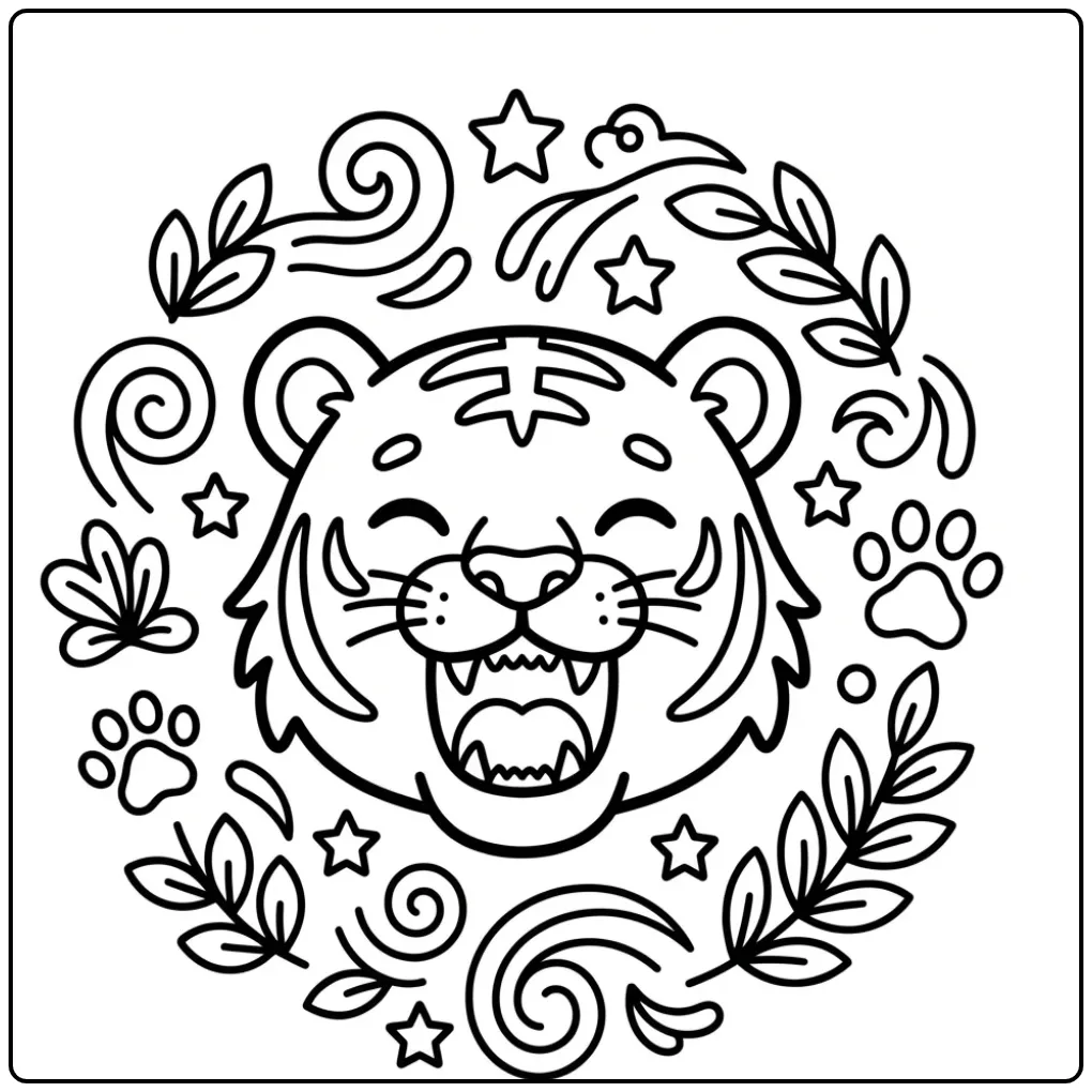 Tiger head coloring page with leaves and paw prints