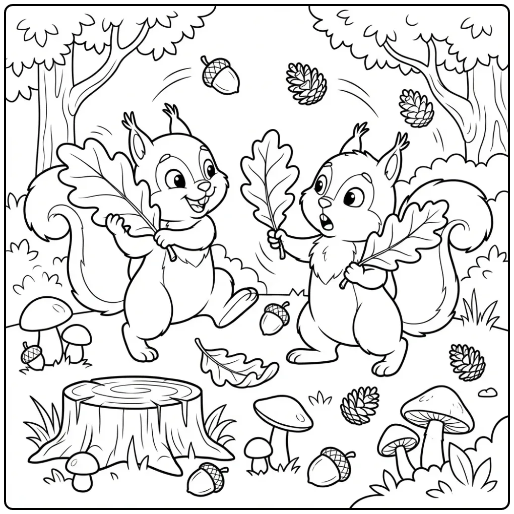 Two squirrels coloring page having a leaf pillow fight