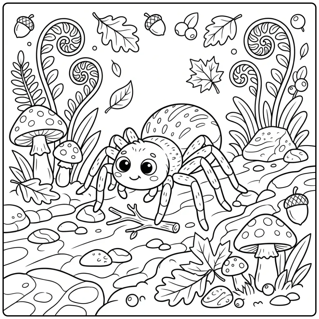 Wolf spider coloring page in the forest for kids