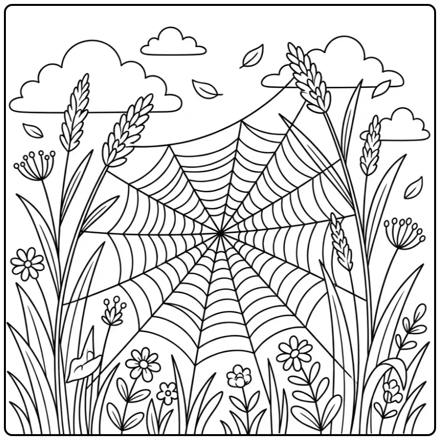 Spider web coloring page with a spider in the grass