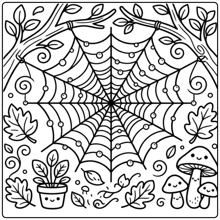 Detailed spider web coloring page with a cute spider