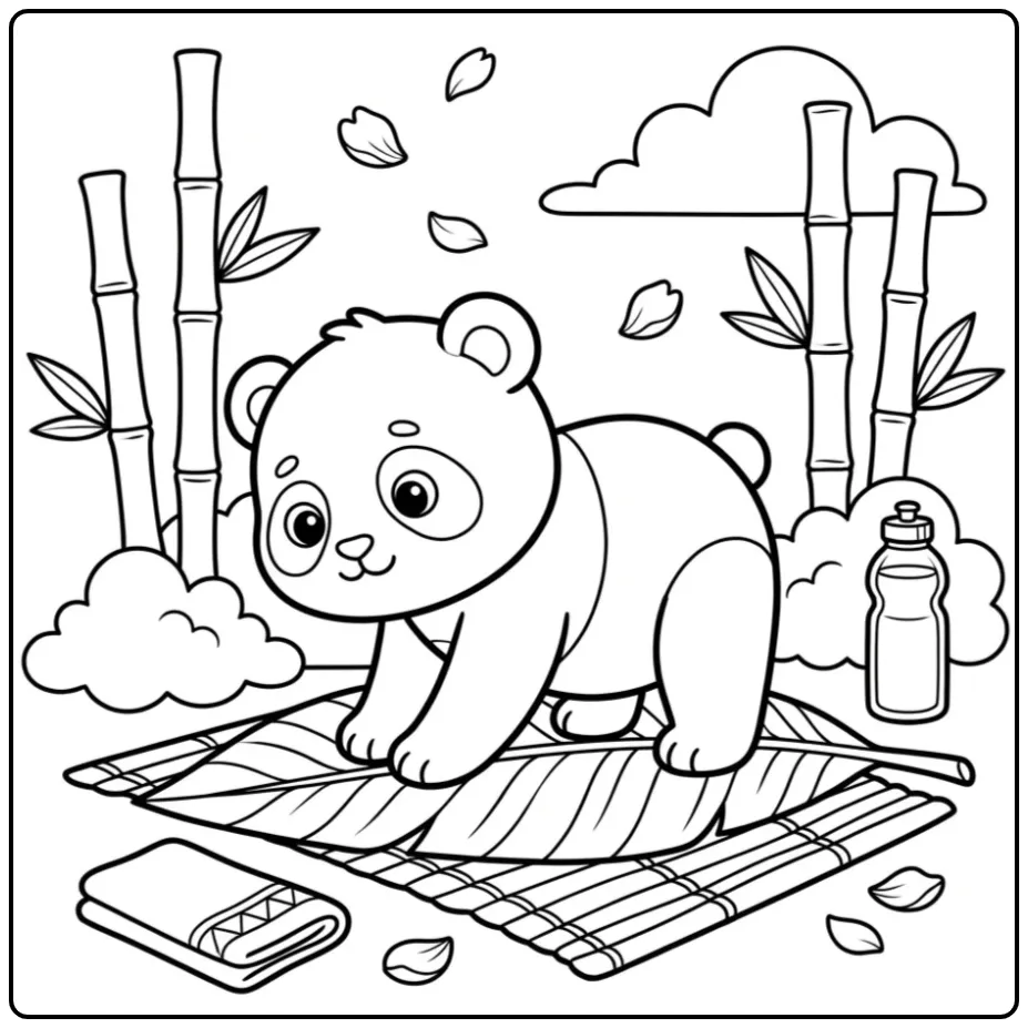 Baby panda coloring page doing yoga on a mat