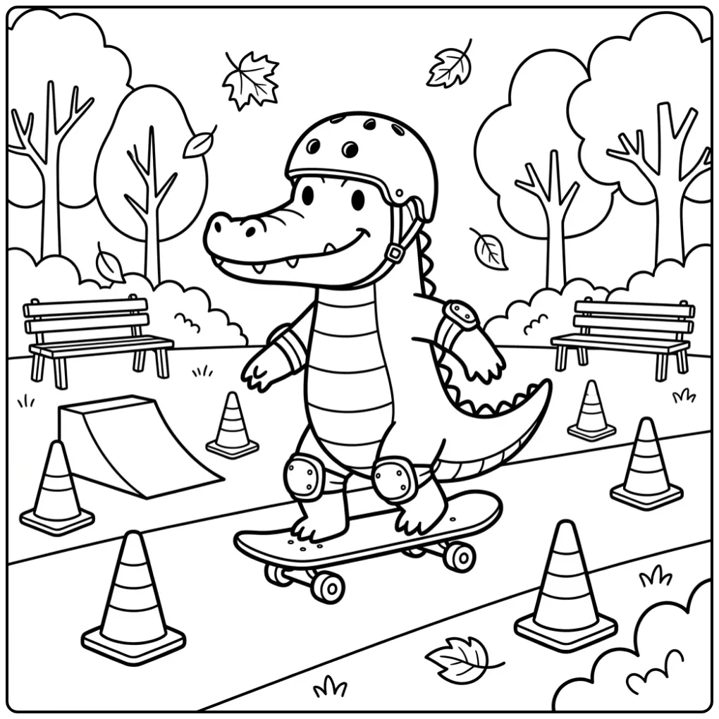 Crocodile coloring page featuring a crocodile on a skateboard