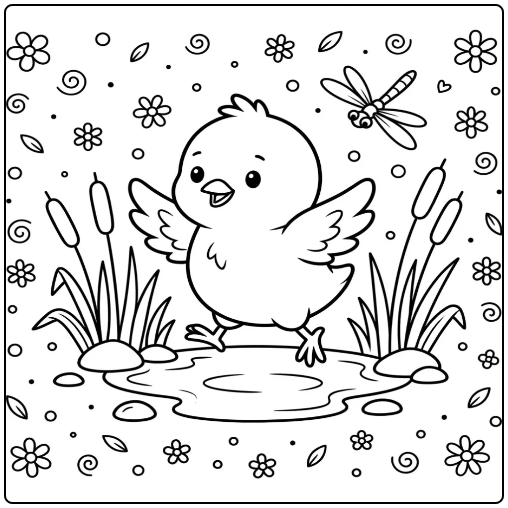 Chick coloring page jumping over a small puddle