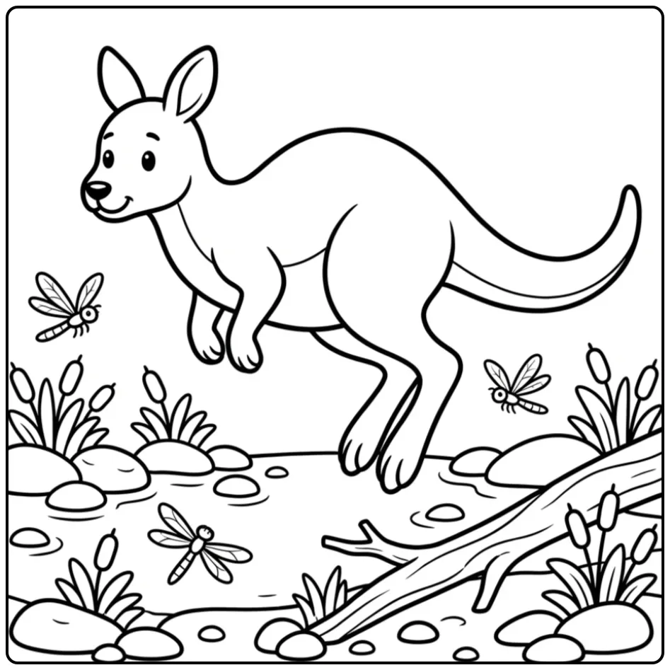 Kangaroo coloring page jumping over a stream